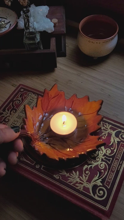 Bougeoir Feuille d'Automne en Céramique Fait main - Décoration automne